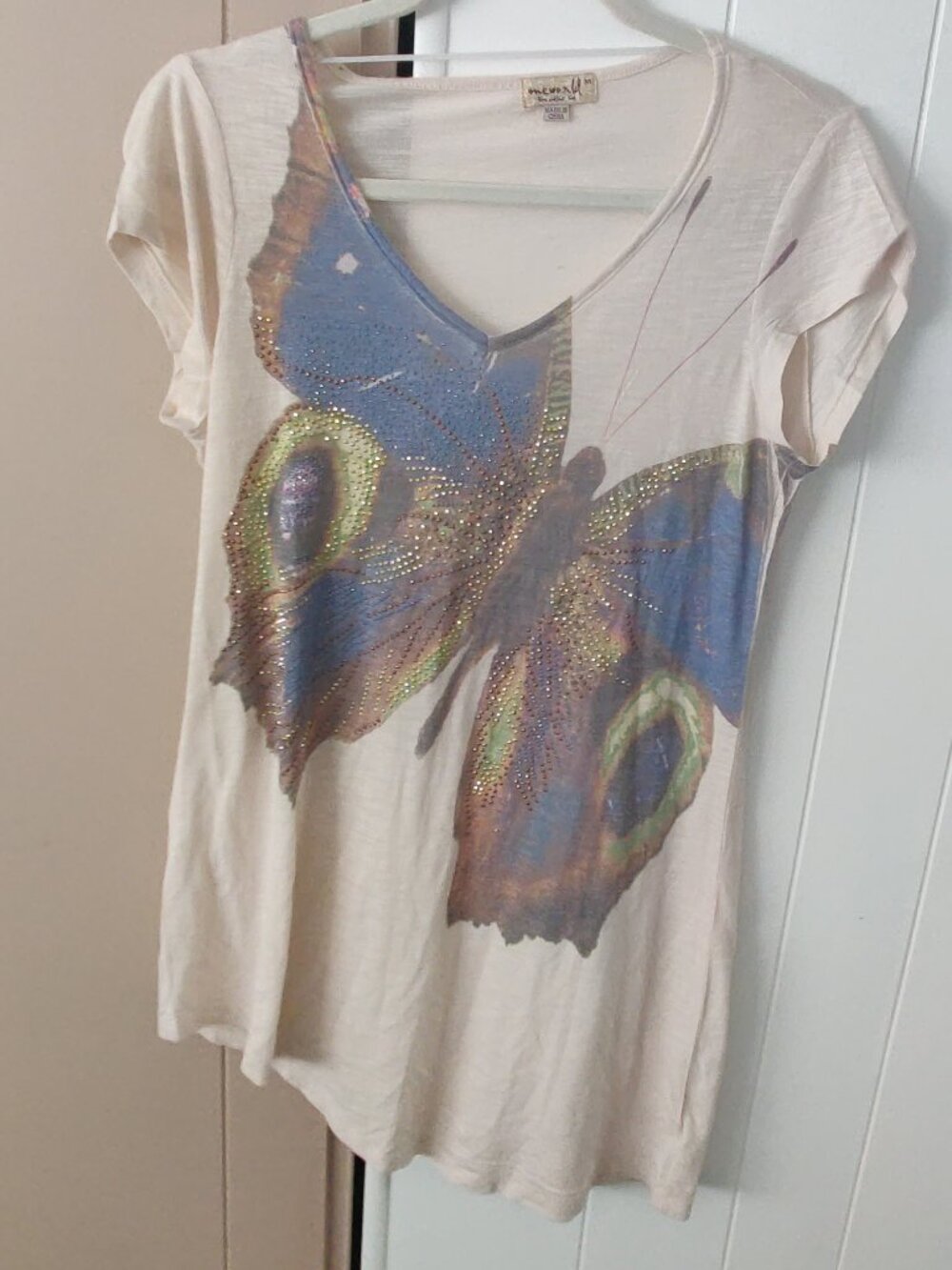 90s Y2K Asymmetrical V Neck Bedazzled Butterfly Top